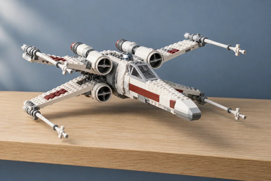 AI-sfeerillustratie van een X-wing van bouwstenen op een houten plank