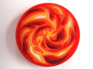 Part 14769pb021 - Tile, Round 2 x 2 with Bottom Stud Holder with Dark Red, Orange, Red, White and Yellow Swirled Fire Pattern - De BrickPlaats
