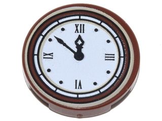 Part 14769pb133 - Tile, Round 2 x 2 with Bottom Stud Holder with Clock with Roman Numerals Simple Pattern - De BrickPlaats