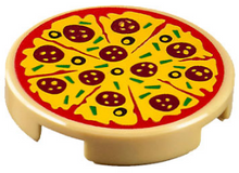 Part 14769pb160 - Tile, Round 2 x 2 with Bottom Stud Holder with Sliced Pizza with Red Tomato Sauce, Yellow Cheese, Dark Red Pepperoni, Black Olives, and Green Bell Peppers Pattern - De BrickPlaats