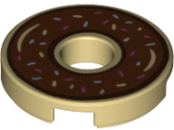Part 15535pb06 - Tile, Round 2 x 2 with Hole with Donut / Doughnut with Reddish Brown Chocolate Frosting and Sprinkles Pattern - De BrickPlaats
