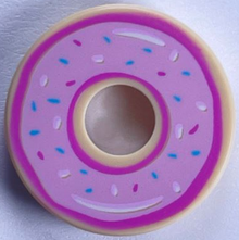 Part 15535pb07 - Tile, Round 2 x 2 with Hole with Donut / Doughnut with Bright Pink Donut Frosting and Sprinkles Pattern - De BrickPlaats