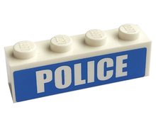 Part 3010pb103 - Brick 1 x 4 with White 'POLICE' Bold Font on Blue Background Pattern (Sticker) - Sets 7498 / 7743 - De BrickPlaats