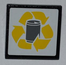 Part 30258pb028 - Road Sign 2 x 2 Square with Clip with Yellow Recycling Arrows and Drink Can Pattern (Sticker) - Set 4206 - De BrickPlaats