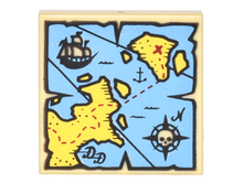 Part 3068pb0929 - Tile 2 x 2 with Map Blue Water, Yellow Land, Black Pirate Ship, Compass Rose, White Skeleton Head and Red 'X' Pattern - De BrickPlaats