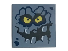 Part 3068pb1087 - Tile 2 x 2 with Rock Creature Face with Jagged Grin, Dark Blue Spots and Yellow Eyes Pattern (Brickster) - De BrickPlaats