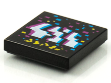 Part 3068pb1580 - Tile 2 x 2 with BeatBit Album Cover - Dark Azure, White, Magenta and Yellow Jagged Stripes and Rectangles Pattern - De BrickPlaats