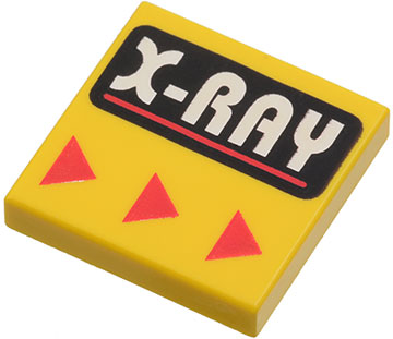 Part 3068px30 - Tile 2 x 2 with White 'X-RAY' and Red Line on Black Rounded Rectangle, Red Triangles Pattern - De BrickPlaats