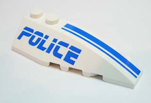 Part 41747pb017 - Wedge 6 x 2 Right with Blue 'POLICE' and Stripes Pattern - De BrickPlaats