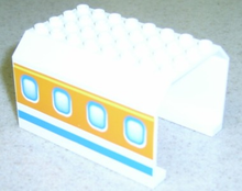 Part 42604px2 - Aircraft Fuselage Middle Angular Top 6 x 8 x 4 with Windows on Blue, Orange, and Yellow Stripes Pattern - De BrickPlaats