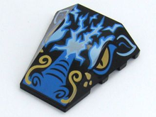 Part 47753pb068 - Wedge 4 x 4 Triple Curved No Studs with Blue Dragon Nose and Eyelids, Bright Light Orange Eyes, Whiskers, and Dots, Bright Light Blue and White Lightning Pattern - De BrickPlaats