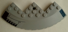 Part 58846pb15L - Brick, Round Corner 10 x 10 with Slope 33 Edge, Axle Hole, Facet Cutout with Spikes and Dark Blue Stripe Pattern Model Left Side (Stickers) - Set 75042 - De BrickPlaats