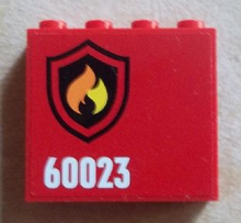Part 60581pb028L - Panel 1 x 4 x 3 with Side Supports - Hollow Studs with Black and Yellow Fire Logo Badge and '60023' Pattern Model Left (Sticker) - Set 60023 - De BrickPlaats