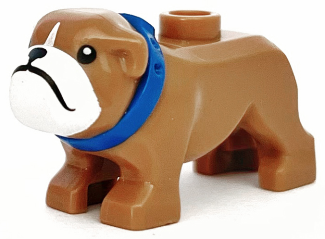 Part 65388pb02 - Dog, Bulldog with Molded Blue Collar and Printed Black Eyes, Nose and Mouth, and White Muzzle Pattern - De BrickPlaats