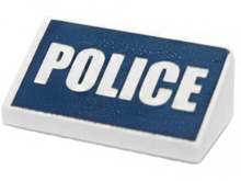 Part 85984pb070 - Slope 30 1 x 2 x 2/3 with White 'POLICE' on Dark Blue Background Pattern - De BrickPlaats