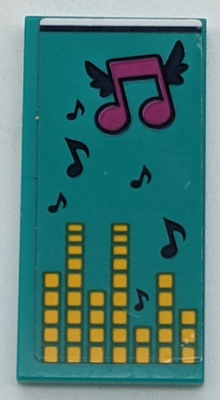 Part 87079pb0964 - Tile 2 x 4 with Dark Turquoise Blanket with Dark Blue and Magenta Musical Notes and Yellow Equalizer Bars Pattern (Sticker) - Set 41341 - De BrickPlaats