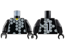 Part 973pb0166c01 - Torso Soccer Uniform Shirt with Light Gray Hexagons, Number 1, Yellow Neck Pattern / Black Arms / Black Hands - De BrickPlaats
