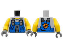 Part 973pb0536c01 - Torso Power Miners Blue Vest with Pockets and Drill Tip over Sweaty Shirt Pattern / Yellow Arms / Dark Bluish Gray Hands - De BrickPlaats