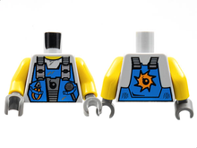 Part 973pb0550c01 - Torso Power Miners Blue Vest with Tools and Bomb over Sweaty Shirt Pattern / Yellow Arms / Dark Bluish Gray Hands - De BrickPlaats