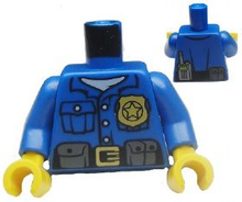 Part 973pb1551c01 - Torso Police Shirt with White Undershirt, Gold Badge and Buckle, Black Belt with Pouches on Front, Radio on Back Pattern / Blue Arms / Yellow Hands - De BrickPlaats
