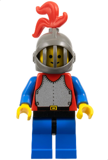 Minifig cas189 - Breastplate - Red with Blue Arms, Blue Legs with Black Hips, Dark Gray Grille Helmet, Red Plume - De BrickPlaats