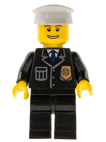 Minifig cty0098 - Police - City Suit with Blue Tie and Badge, Black Legs, Thin Grin with Teeth, White Hat - De BrickPlaats