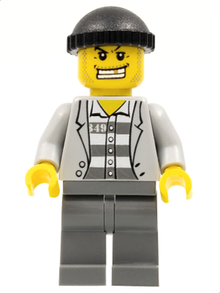 Minifig cty0206 - Police - Jail Prisoner Jacket over Prison Stripes, Dark Bluish Gray Legs, Black Knit Cap, Gold Tooth - De BrickPlaats