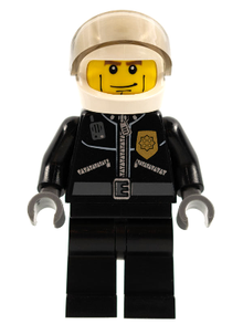 Minifig cty0230 - Police - City Leather Jacket with Gold Badge and 'POLICE' on Back, White Helmet, Trans-Brown Visor, Cheek Lines - De BrickPlaats