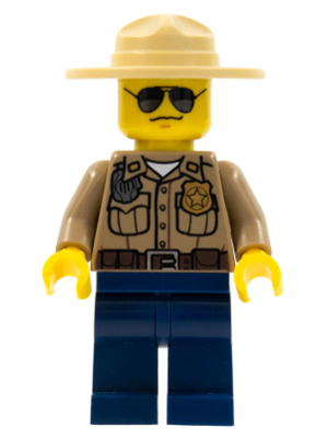 Minifig cty0264 - Forest Police - Dark Tan Shirt with Pockets, Radio and Gold Badge, Dark Blue Legs, Campaign Hat, Black and Silver Sunglasses - De BrickPlaats
