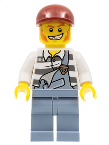 Minifig cty0265 - Police - Jail Prisoner Torn Overalls over Prison Stripes, Sand Blue Legs, Dark Red Short Bill Cap - De BrickPlaats