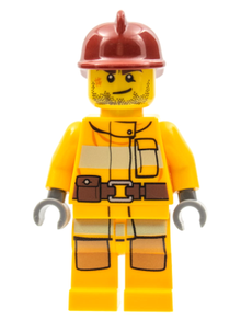 Minifig cty0302 - Fire - Bright Light Orange Fire Suit with Utility Belt, Dark Red Fire Helmet, Crooked Smile and Scar