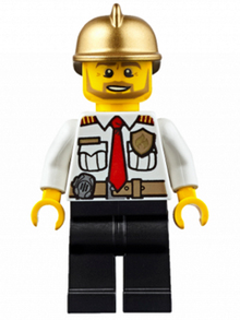 Minifig cty0350 - Fire Chief - White Shirt with Tie and Belt, Black Legs, Gold Fire Helmet - De BrickPlaats