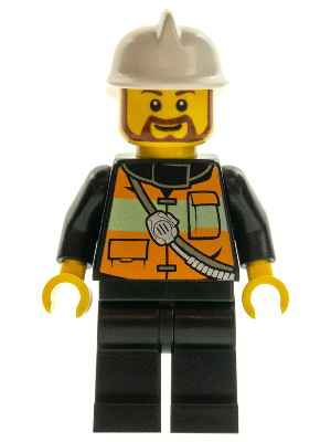 Minifig cty0507 - Fire - Reflective Stripe Vest with Pockets and Shoulder Strap, White Fire Helmet, Brown Beard - De BrickPlaats
