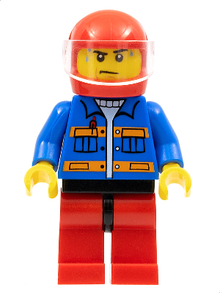 Minifig cty0533 - Blue Jacket with Pockets and Orange Stripes, Red Legs with Black Hips, Sweat Drops - De BrickPlaats