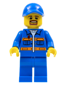 Minifig cty0556 - Blue Jacket with Pockets and Orange Stripes, Blue Legs, Blue Cap with Hole, Brown Moustache and Goatee - De BrickPlaats