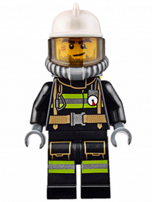 Minifig cty0628 - Fire - Reflective Stripes with Utility Belt, White Fire Helmet, Breathing Neck Gear with Air Tanks, Trans-Brown Visor, Beard Stubble - De BrickPlaats