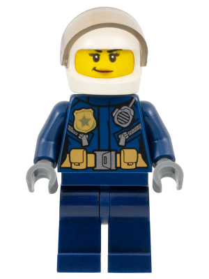 Minifig cty0702 - Police - City Leather Jacket with Gold Badge and Utility Belt, White Helmet, Trans-Brown Visor, Peach Lips Smirk - De BrickPlaats
