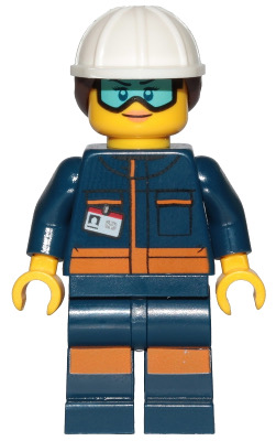 Minifig cty1060 - Ground Crew Technician - Female, Dark Blue Jumpsuit, White Construction Helmet with Dark Brown Ponytail Hair, Light Blue Goggles - De BrickPlaats