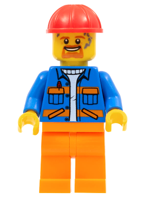 Minifig cty1161 - Blue Jacket with Diagonal Lower Pockets and Orange Stripes, Orange Legs, Red Construction Helmet - De BrickPlaats