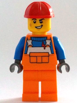 Minifig cty1403 - Construction Worker - Male, Orange Overalls with Reflective Stripe and Buckles over Blue Shirt, Orange Legs, Red Construction Helmet, Lopsided Smile - De BrickPlaats