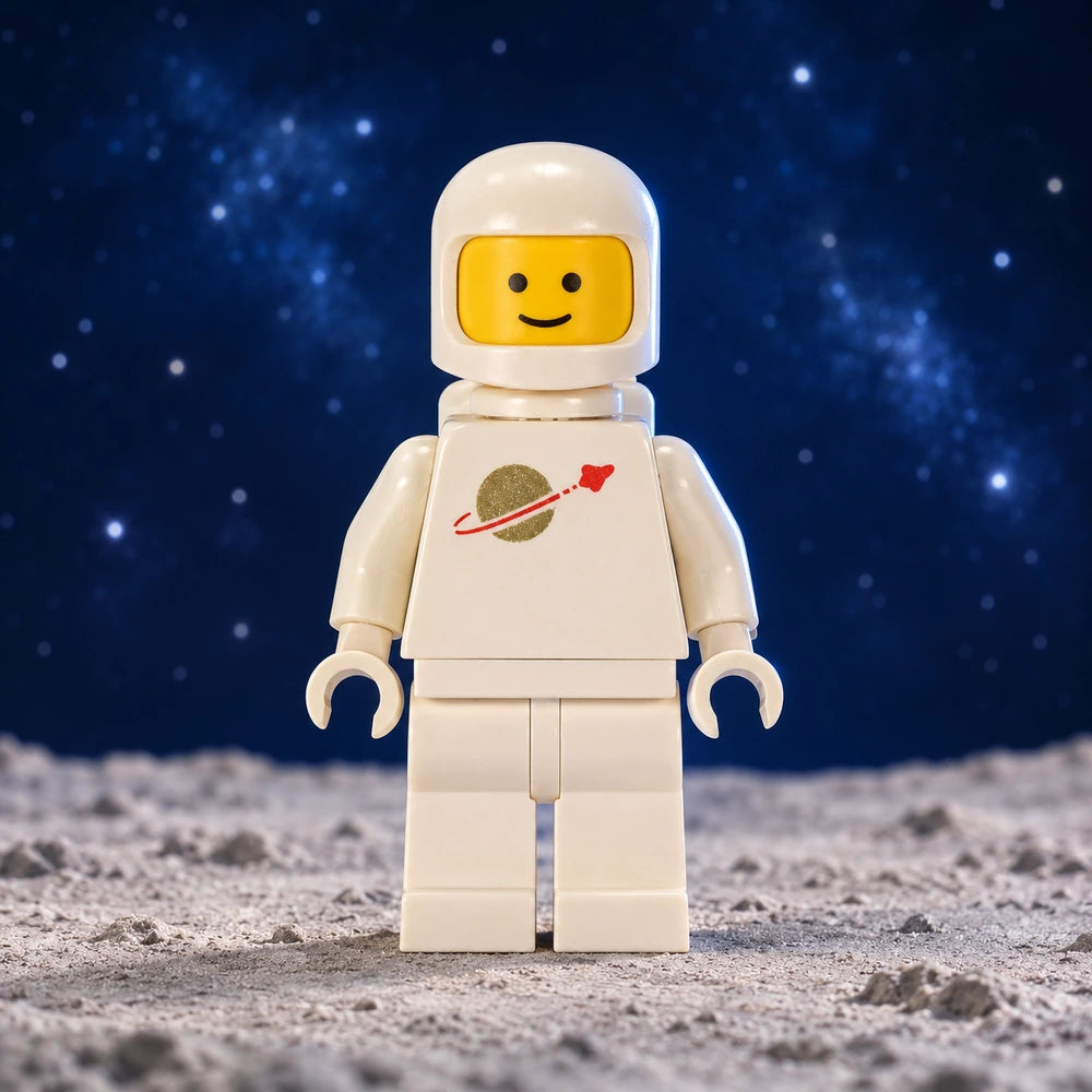 LEGO® Classic Space-ruimtevaarder sp006 in wit pak met planeetlogo op een maanoppervlak