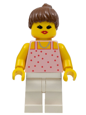 Minifig par016 - Red Dots on Pink Shirt - White Legs, Brown Ponytail Hair, Open Mouth - De BrickPlaats