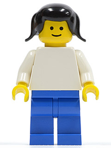 Minifig pln107 - Plain White Torso with White Arms, Blue Legs, Black Pigtails Hair - De BrickPlaats