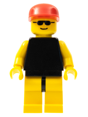 Minifig trn037 - Plain Black Torso with Yellow Arms, Yellow Legs, Sunglasses, Red Cap - De BrickPlaats
