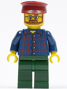 Minifig twn080 - Plaid Button Shirt, Dark Green Legs, Dark Red Hat, Glasses, Reddish Brown Beard (Carousel Operator) - De BrickPlaats
