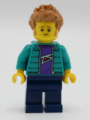 Minifig twn390 - Male with Purple Shirt, Dark Turquoise Jacket, Dark Blue Legs and Medium Nougat Hair - De BrickPlaats